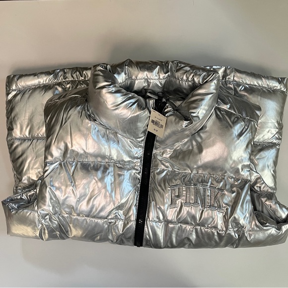 Victoria’s Secret PINK LIMITED EDITION SILVER PUFFER VEST Size Small NWT - Picture 4 of 13